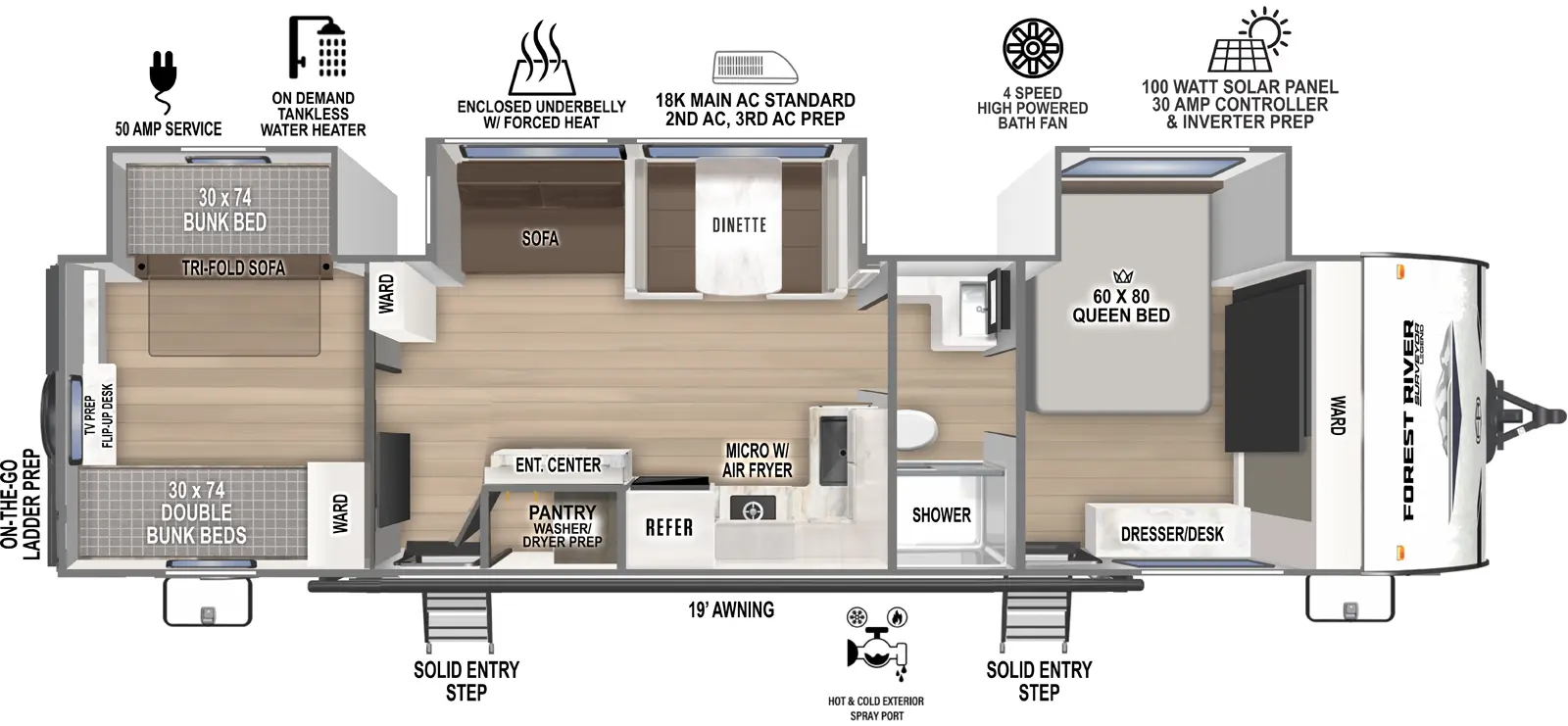 The Surveyor Legend X 34CAMP floorplan has two entries and three slide outs. Exterior features include: fiberglass exterior and 19' awning. Interiors features include: bunk beds, front bedroom and pass through bathroom.